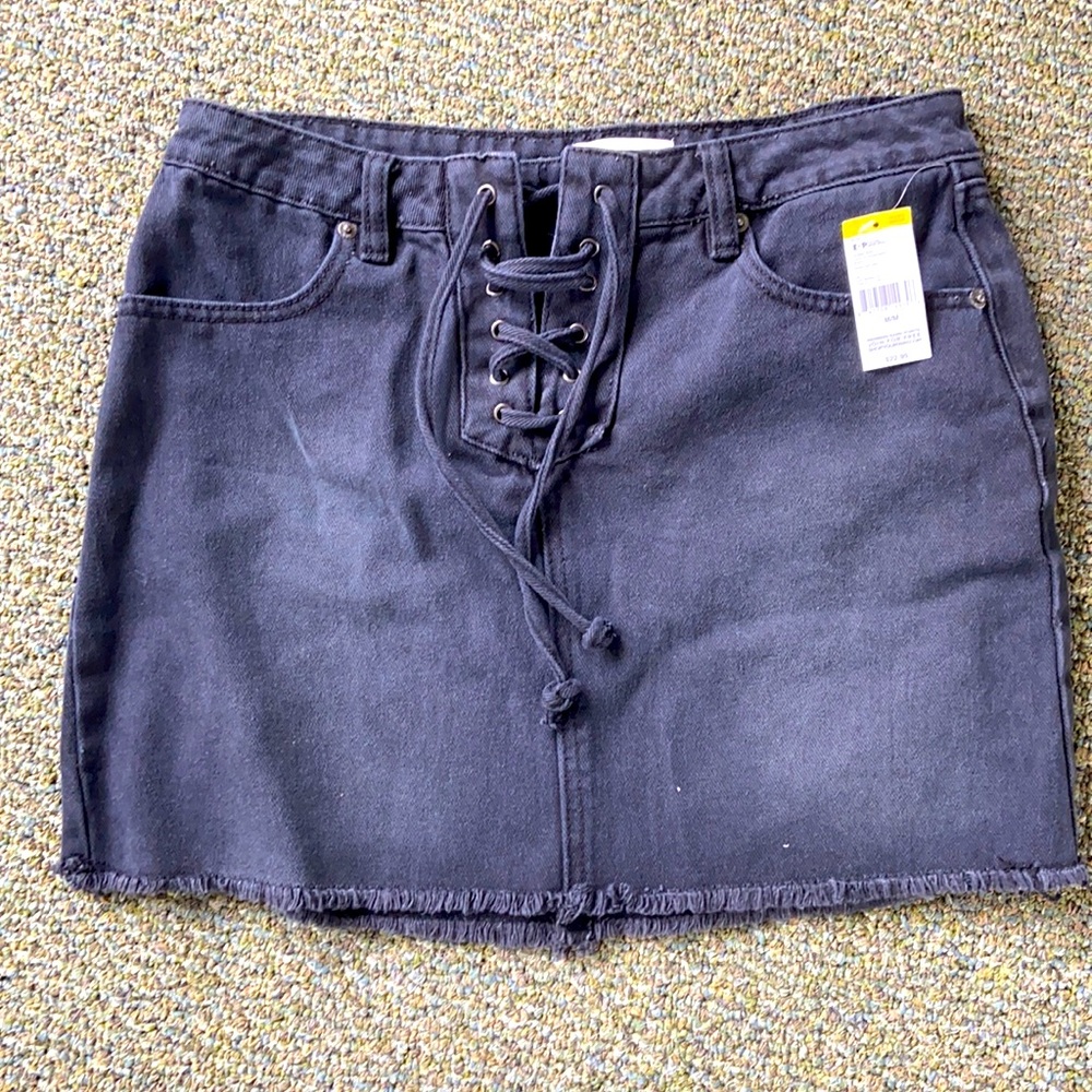 Black Lace-Up Denim Skirt